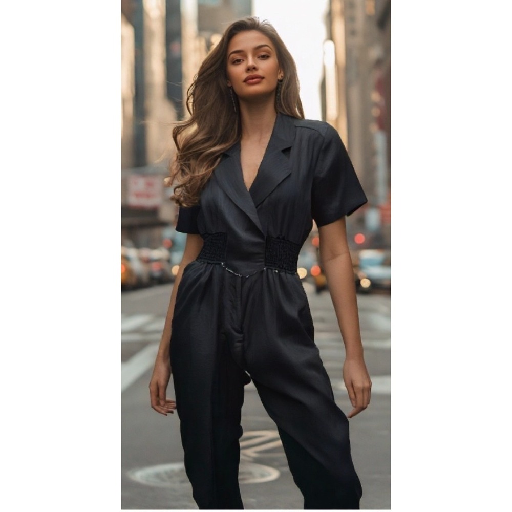 Vintage Laura Jayne Collection Jumpsuit Coverall Size Small Black Crinkle EUC